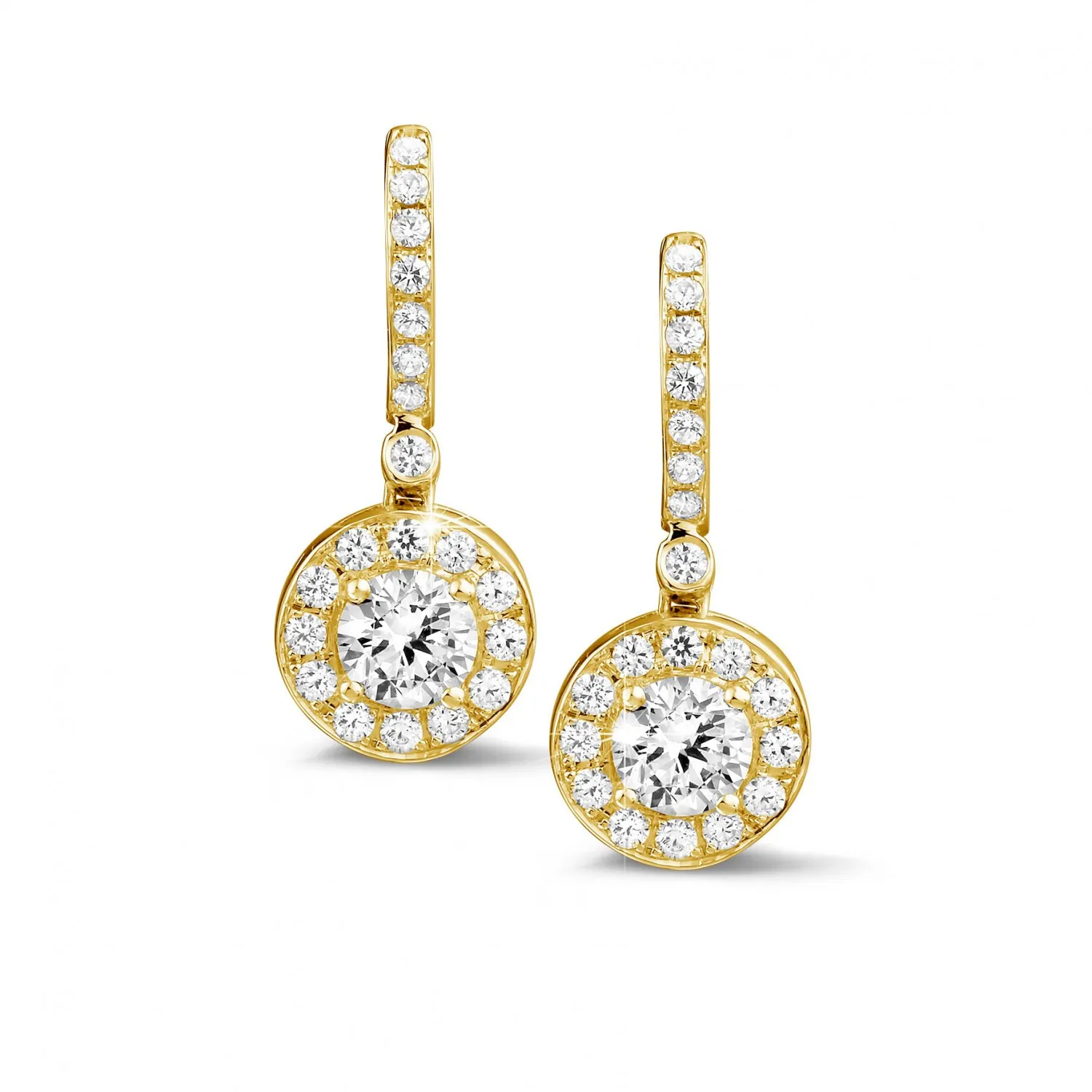 1.55 quilates pendientes diamantes halo en oro amarillo 