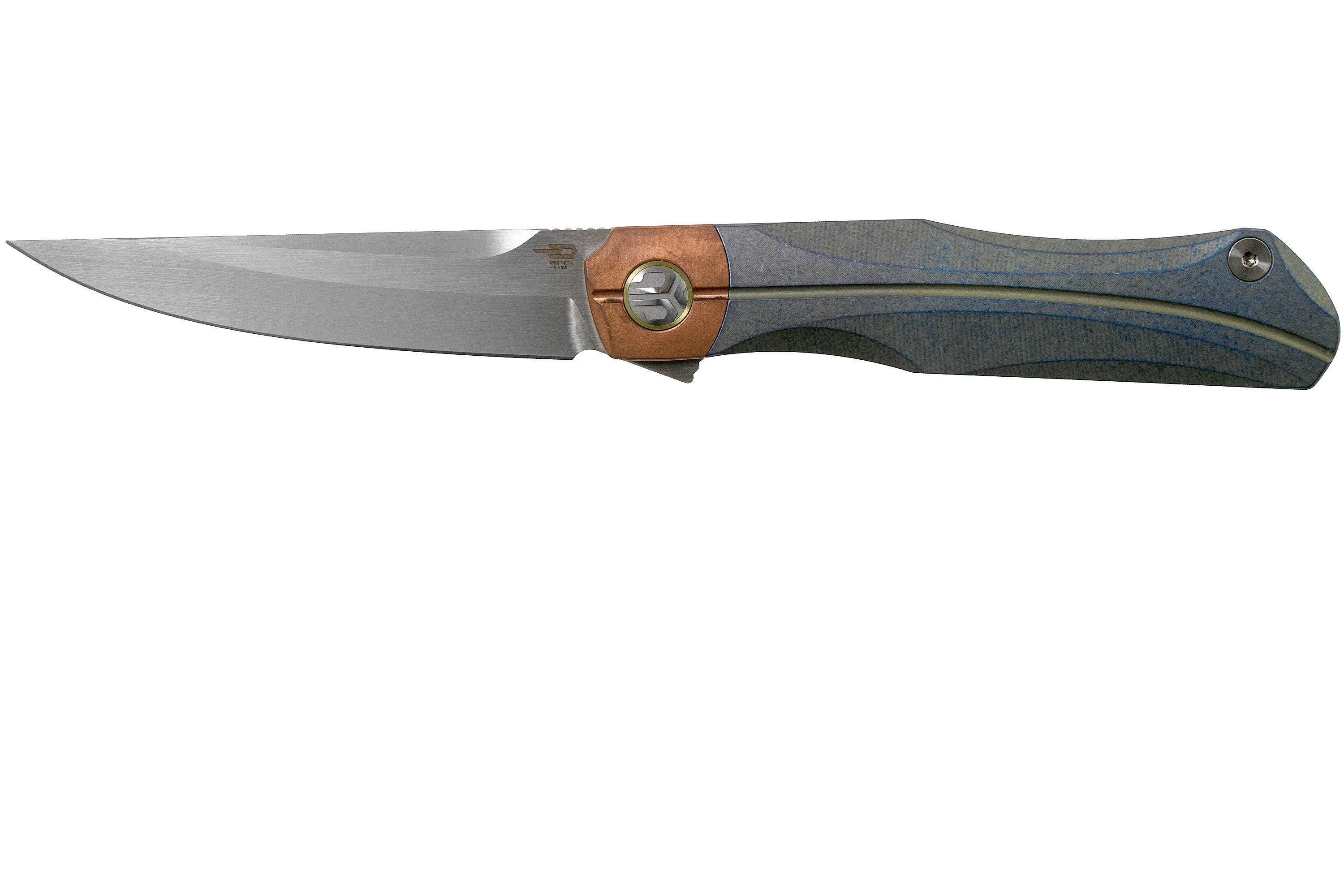 Bestech Thyra BT2106D Blue Stonewashed Titanium, Copper Bolster, Satin navaja, diseño Kombou