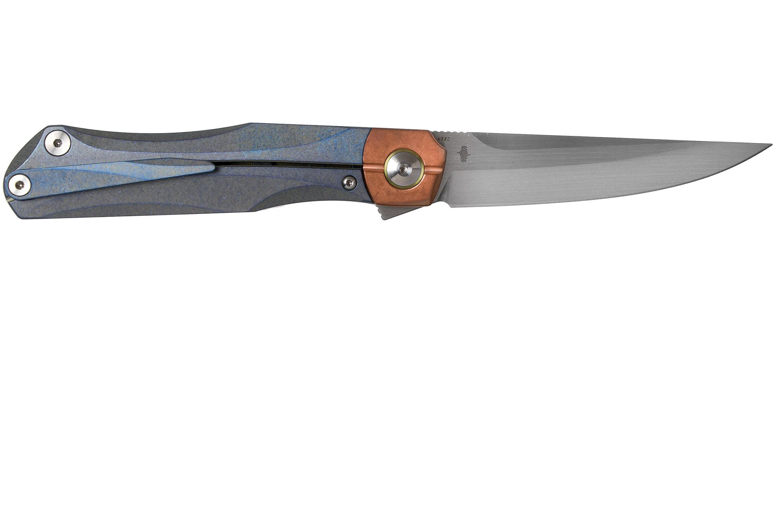 Bestech Thyra BT2106D Blue Stonewashed Titanium, Copper Bolster, Satin navaja, diseño Kombou