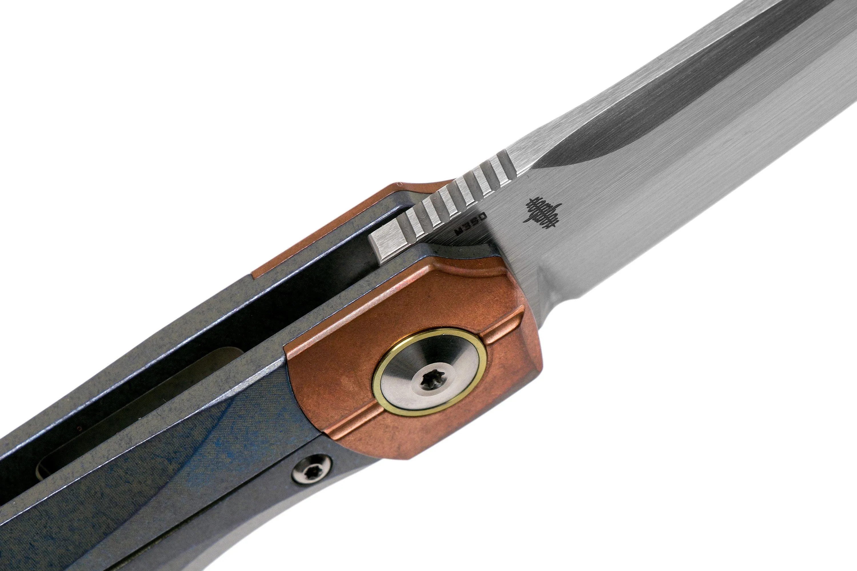 Bestech Thyra BT2106D Blue Stonewashed Titanium, Copper Bolster, Satin navaja, diseño Kombou