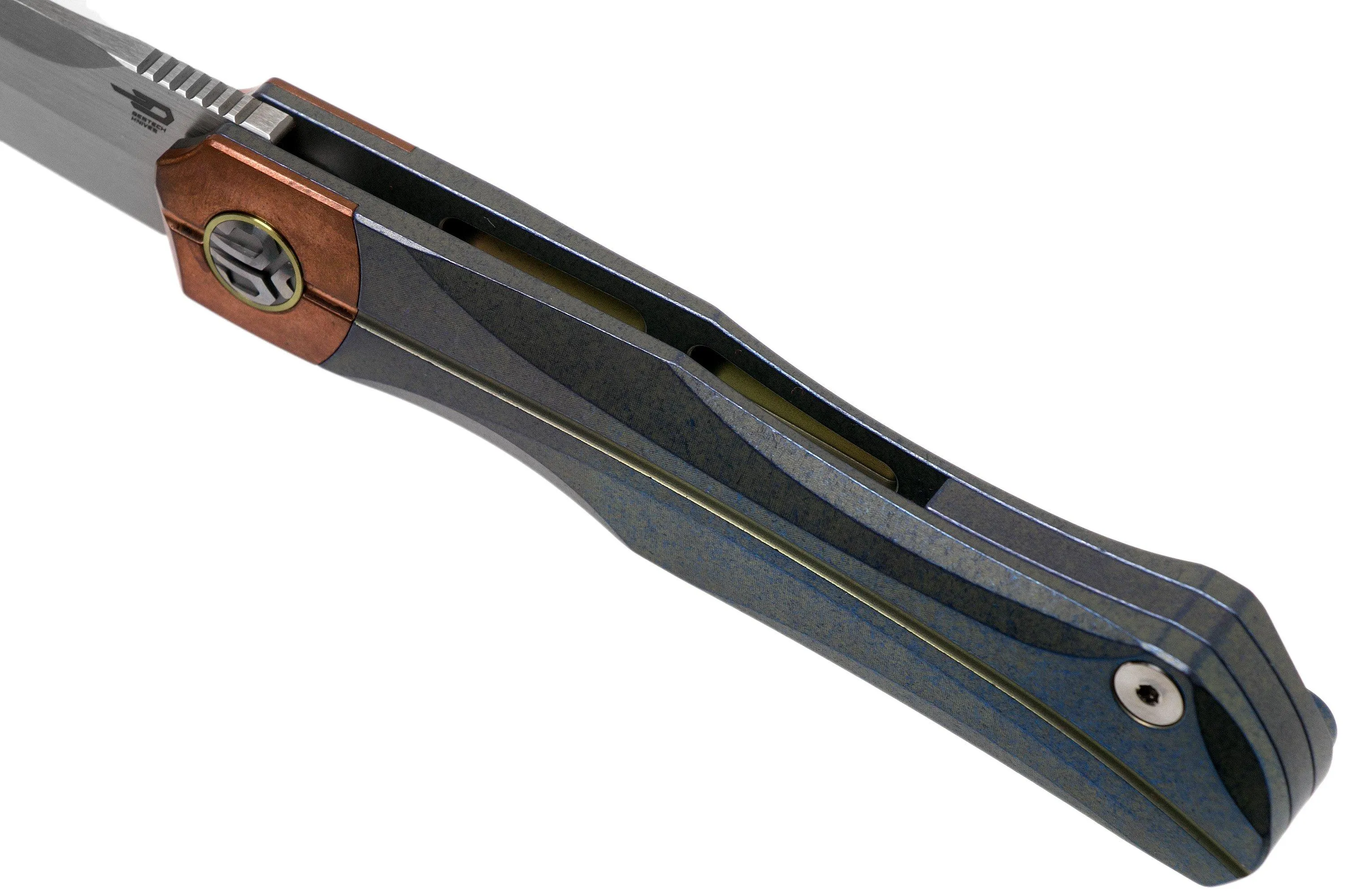 Bestech Thyra BT2106D Blue Stonewashed Titanium, Copper Bolster, Satin navaja, diseño Kombou
