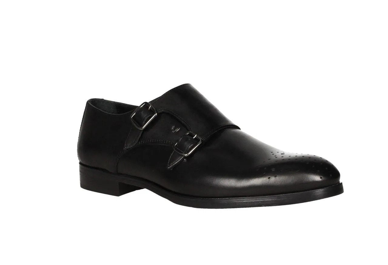 Bluche 2 Hebillas Piel Negro Vestir Punta Picada Piso Goma