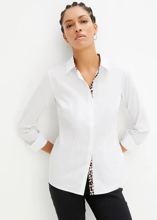 BLUSA CON INSERTO DE SEDA EN ESTAMPADO DE LEOPARDO BLANCOESTAMPADO DE LEOPARDO