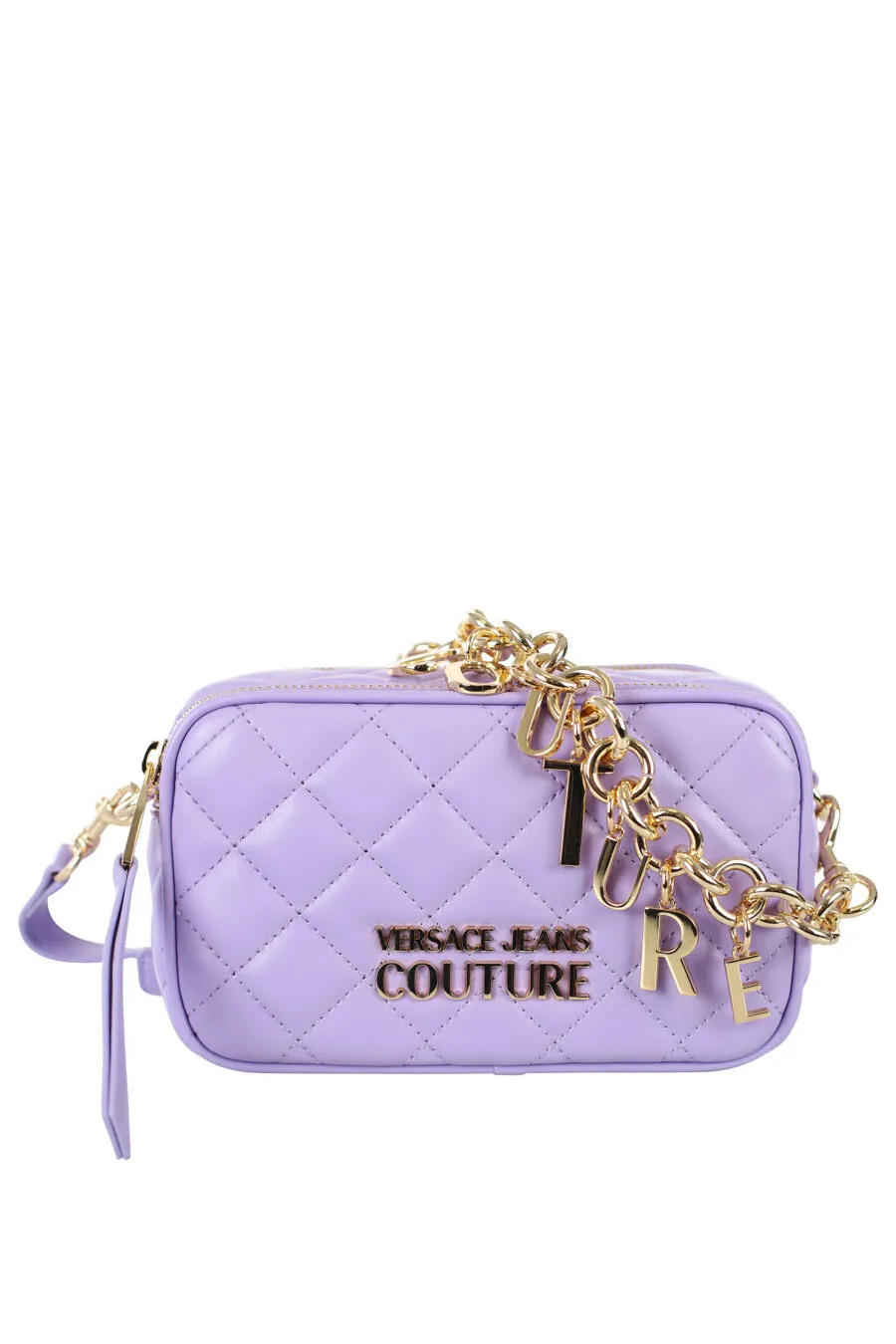 Bolso mini violeta acolchado con charms en cadena