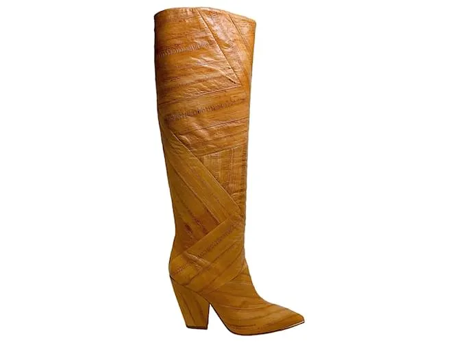 Botas altas Lila de piel de anguila beige con relieve Tory Burch Castaño 