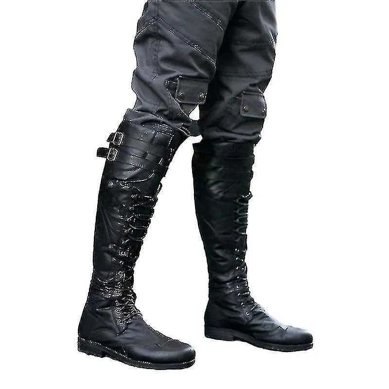Botas altas medievales hasta la rodilla para hombre Zapatos con cordones de correa cruzada Botas de moto planas y frescas