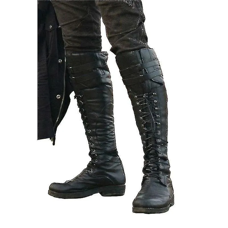 Botas altas medievales hasta la rodilla para hombre Zapatos con cordones de correa cruzada Botas de moto planas y frescas