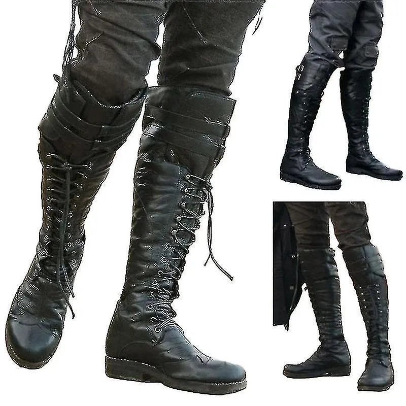 Botas altas medievales hasta la rodilla para hombre Zapatos con cordones de correa cruzada Botas de moto planas y frescas