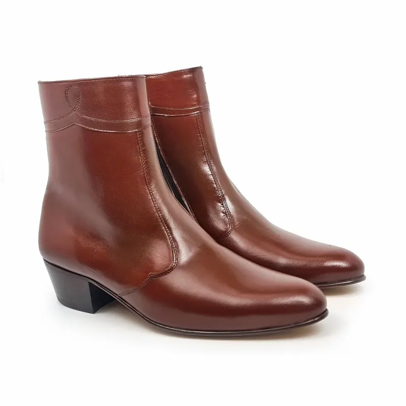 Botines Hombre Piel Tacón Cubano Suela de Cuero Forro de piel 50MY Caoba, de Moyá