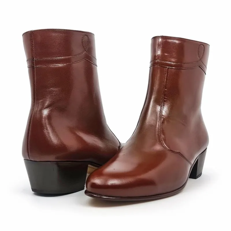 Botines Hombre Piel Tacón Cubano Suela de Cuero Forro de piel 50MY Caoba, de Moyá