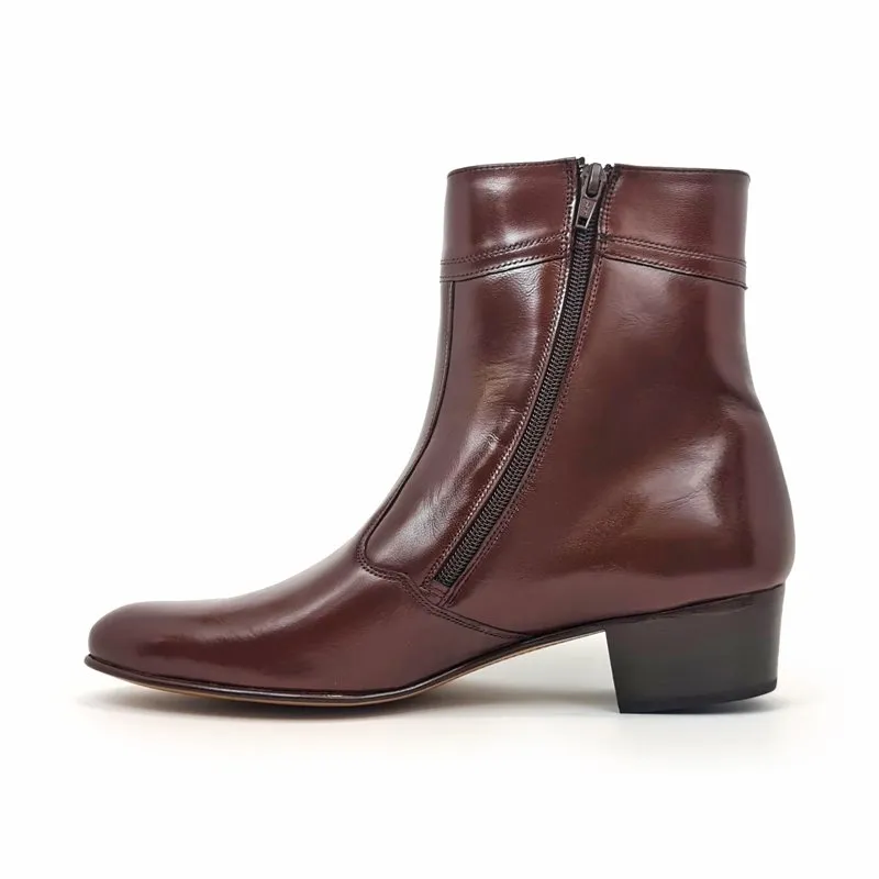 Botines Hombre Piel Tacón Cubano Suela de Cuero Forro de piel 50MY Caoba, de Moyá