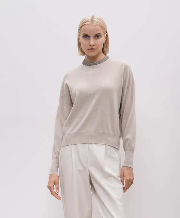 Brunello Cucinelli Beige cashmere jumper with monil chain