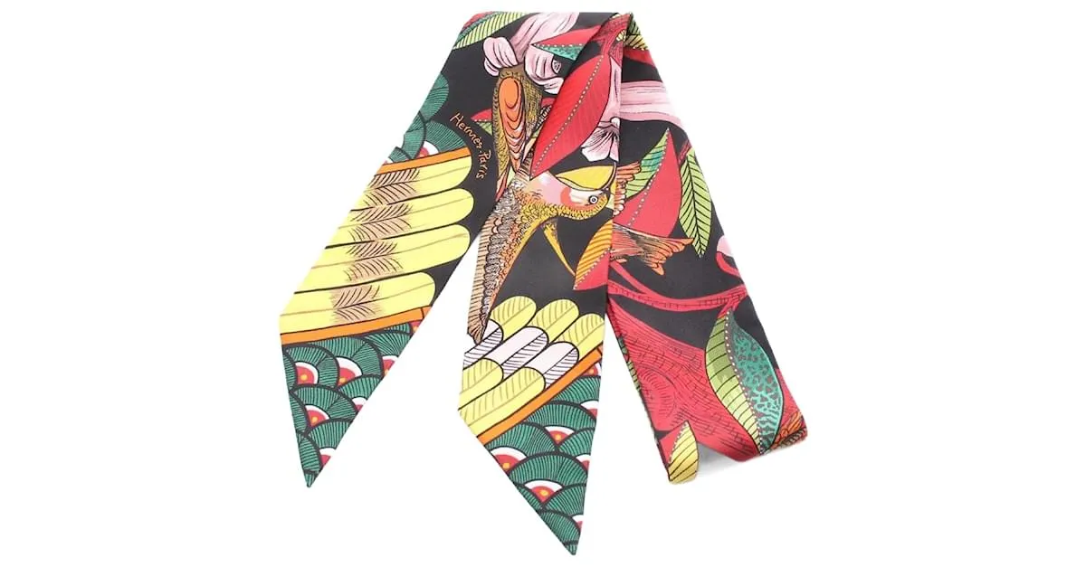Bufanda de seda Hermès Twilly Tree of Song Negro Multicolor 