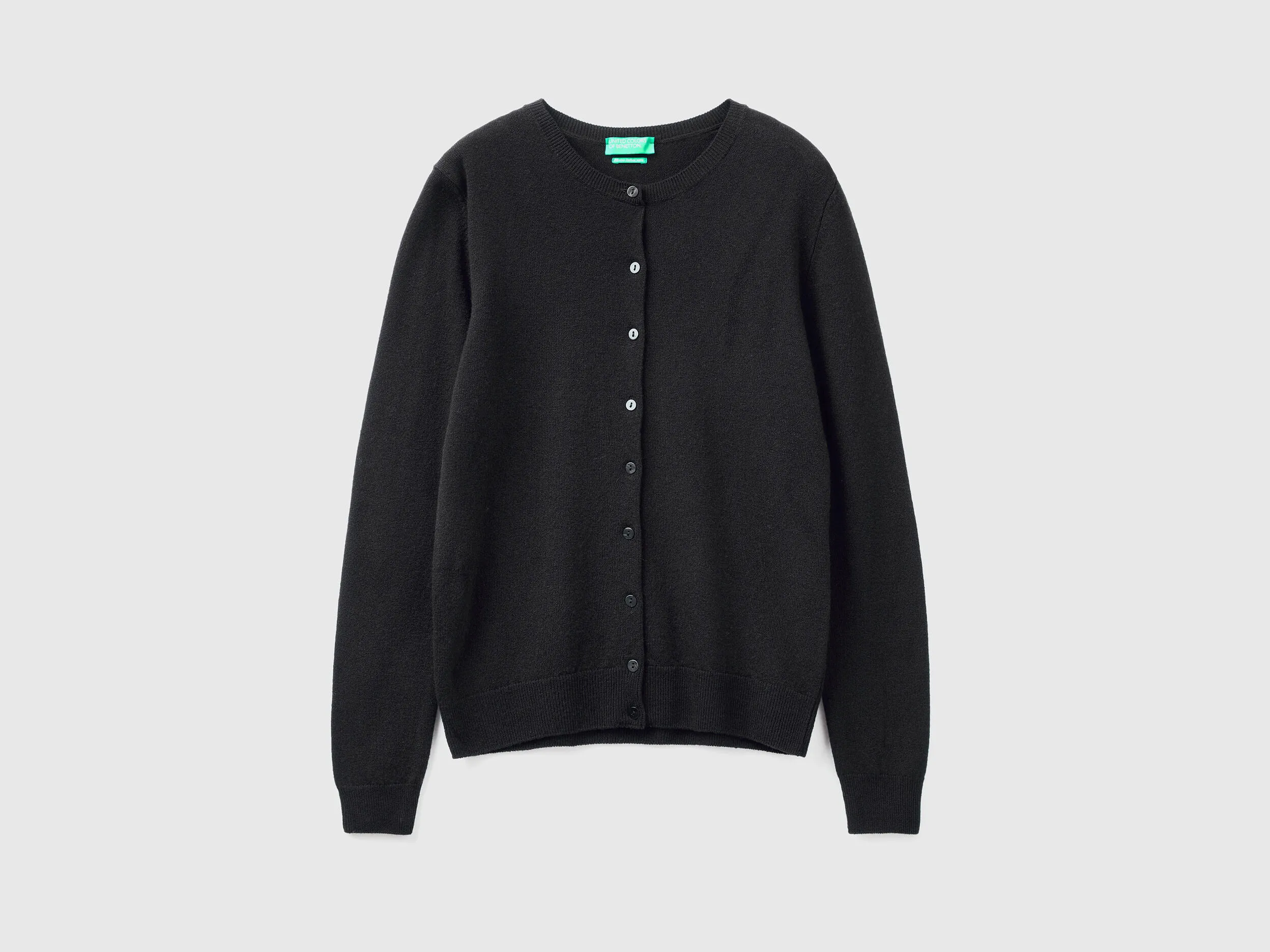Cárdigan de cuello redondo negro de pura lana Merina