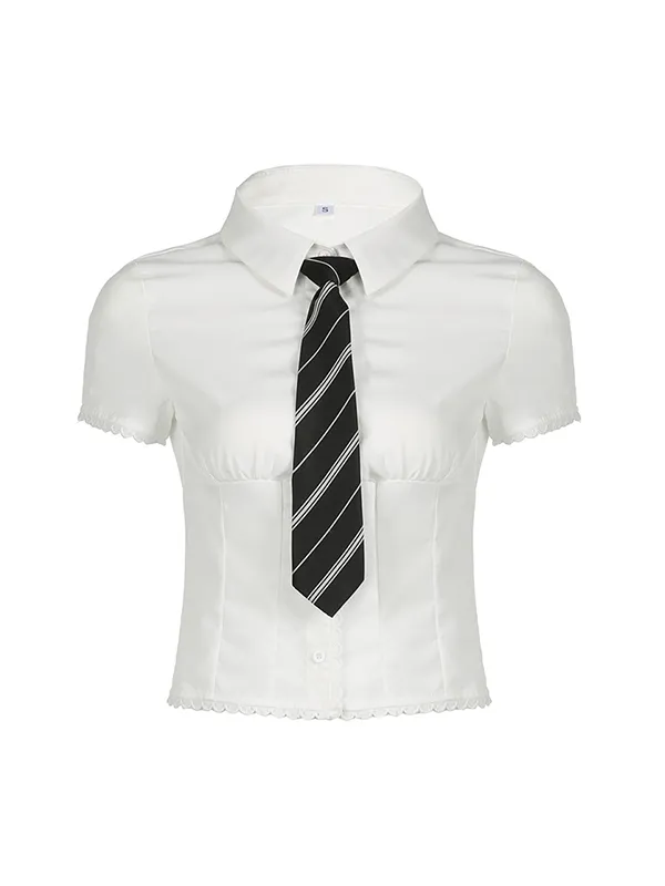 Camisas de manga corta ajustadas simples con costuras de encaje