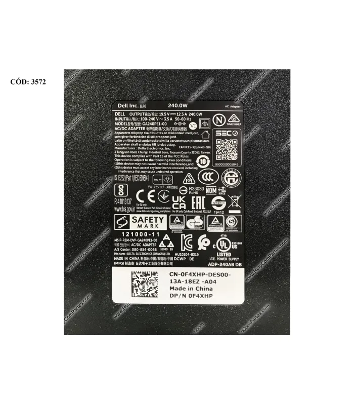 CARGADOR DELL 19.5V12.3A 240.0W PIN 7.4*5.0 100240V~ US 5060HZ 3PRONG 0F4XHP ORIG.