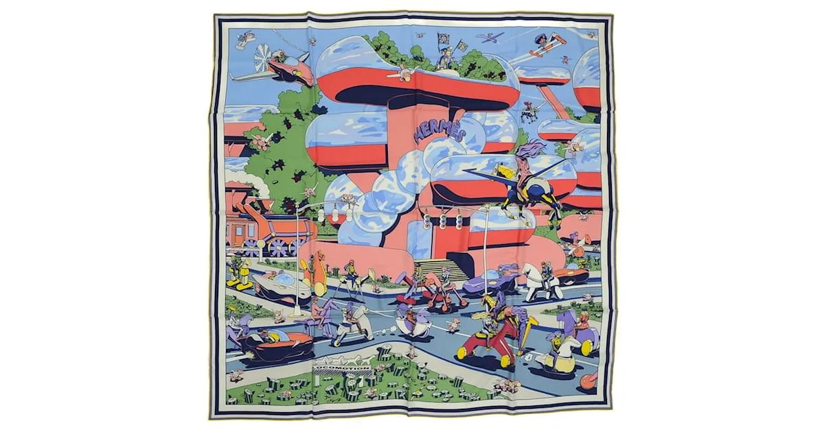 Chal Hermès Carré 140 Geant Locomotion Azul Cielo Rosa Verde 