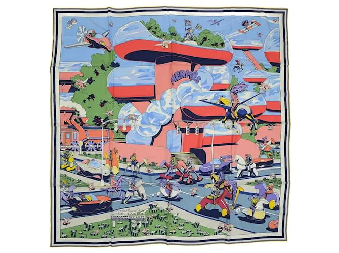 Chal Hermès Carré 140 Geant Locomotion Azul Cielo Rosa Verde 