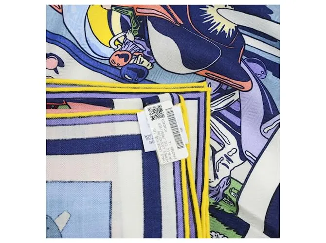 Chal Hermès Carré 140 Geant Locomotion Azul Cielo Rosa Verde 