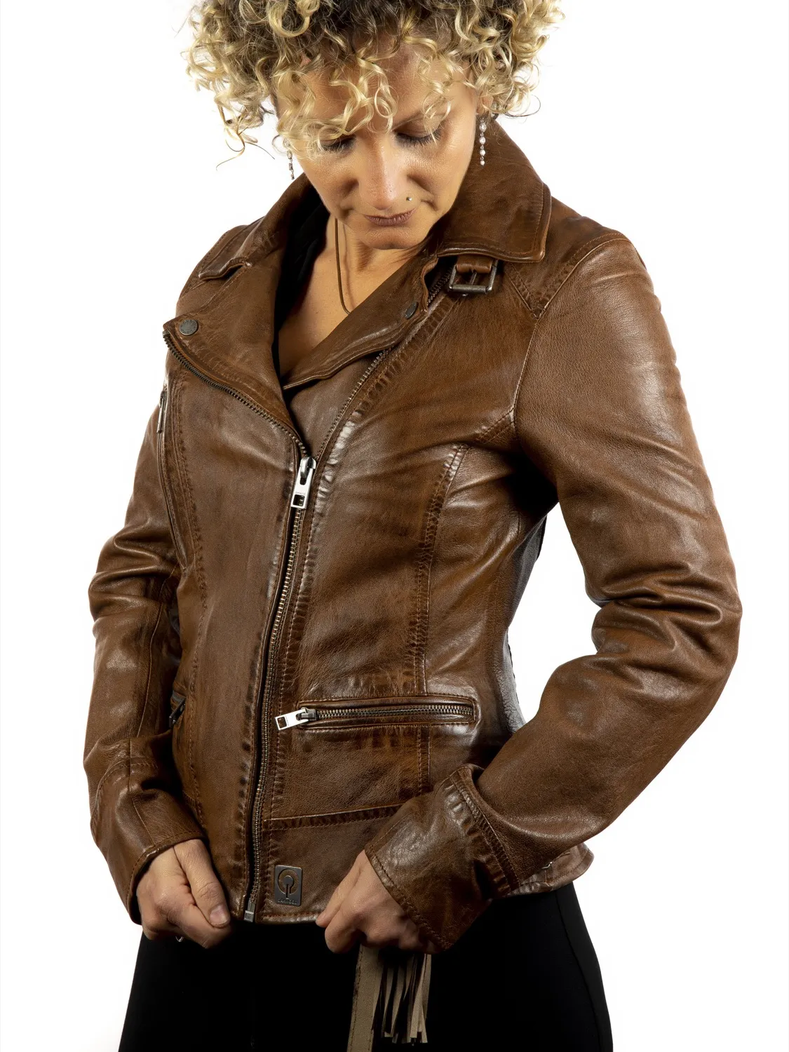 Chaqueta de Cuero Cruzada de Efecto Gastado VIDEO