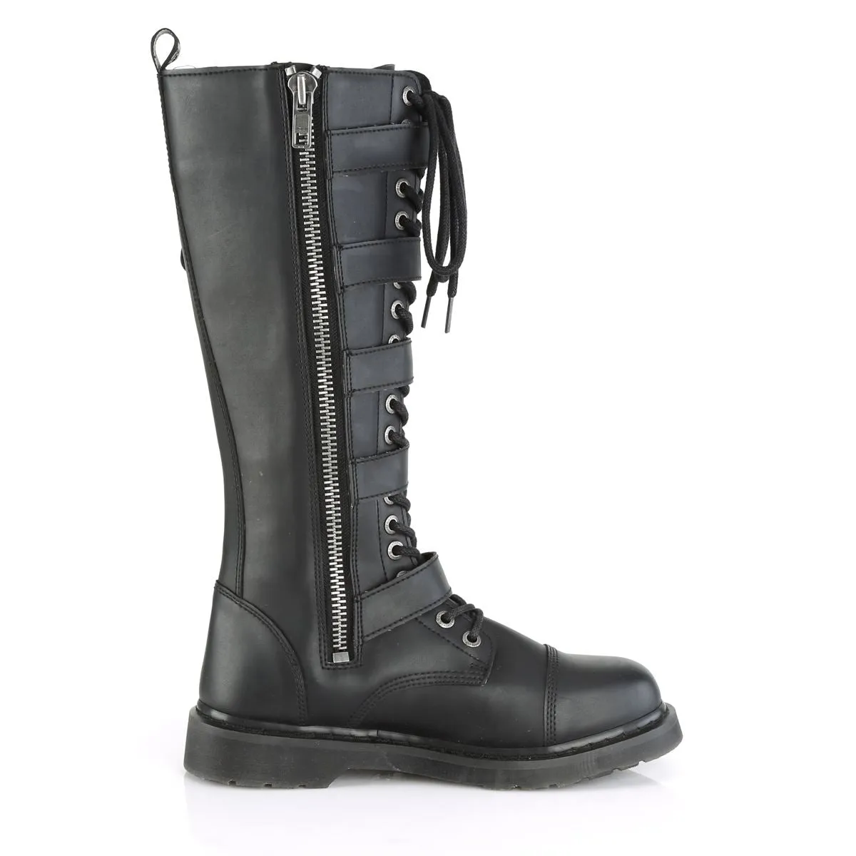 DEMONIA Botas altas hasta la rodilla Rock para hombre Gothic EMO Negro Combat con cordones y correas con hebilla