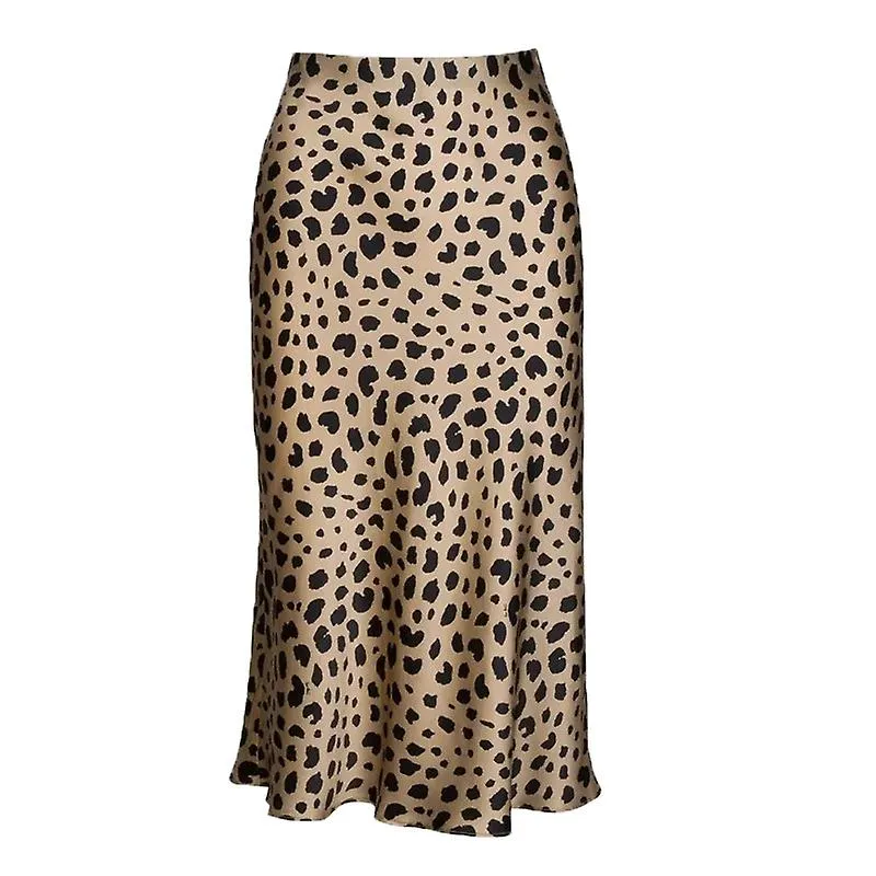 Falda de leopardo para mujer de cintura media de cintura alta de satén de seda faldas de guepardo elásticoTALLA L