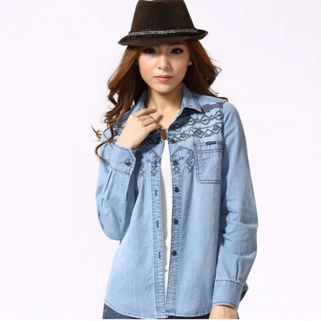 FASHION BLUE EMBROIDERED LONGSLEEVED DENIM SHIRT