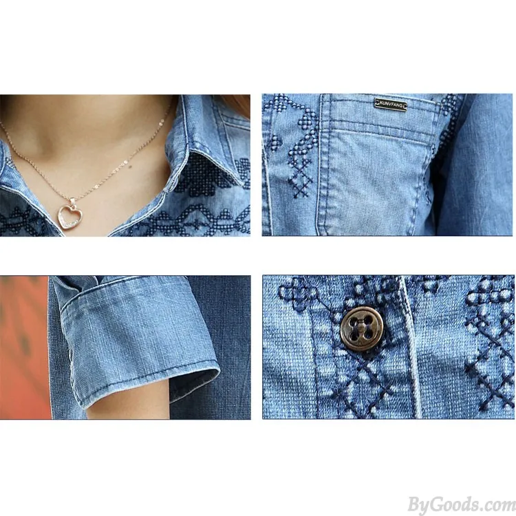 FASHION BLUE EMBROIDERED LONGSLEEVED DENIM SHIRT