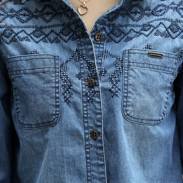FASHION BLUE EMBROIDERED LONGSLEEVED DENIM SHIRT