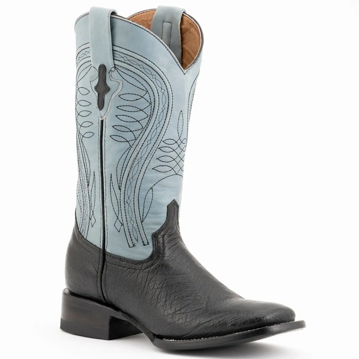 FERRINI MEN'S MORGAN SMOOTH OSTRICH SQUARE TOE BOOTS HANDCRAFTED  BLACK  1029304