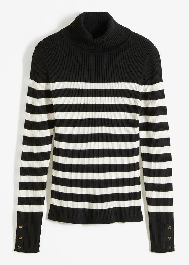 JERSEY DE CUELLO ALTO NEGROBLANCO LANA DE RAYAS