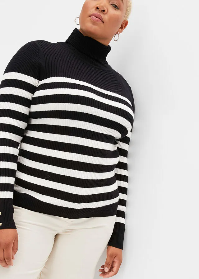 JERSEY DE CUELLO ALTO NEGROBLANCO LANA DE RAYAS