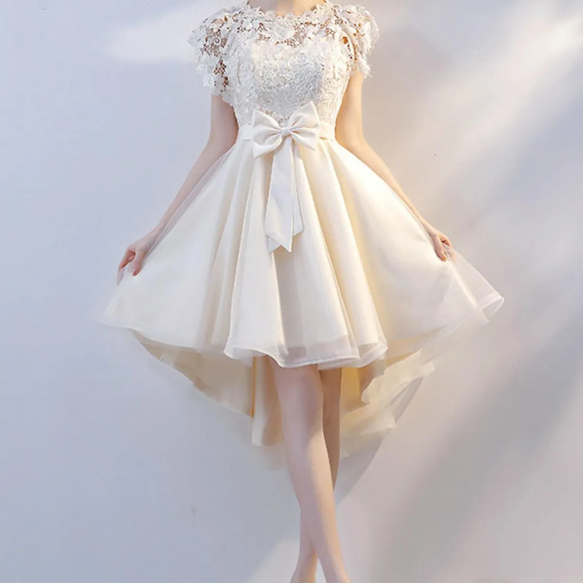 Long Cocktail Lace Short Sleeves Champagne Vestidos de Novia