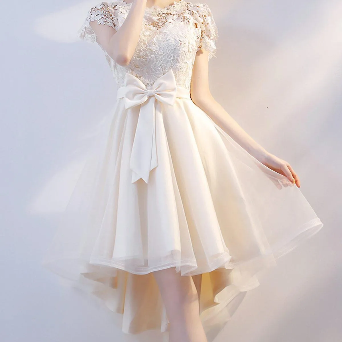 Long Cocktail Lace Short Sleeves Champagne Vestidos de Novia
