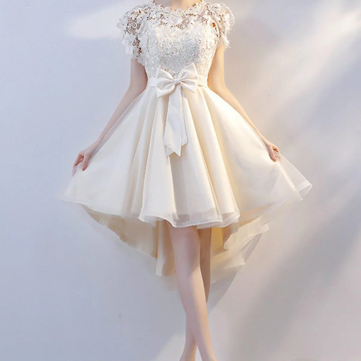 Long Cocktail Lace Short Sleeves Champagne Vestidos de Novia