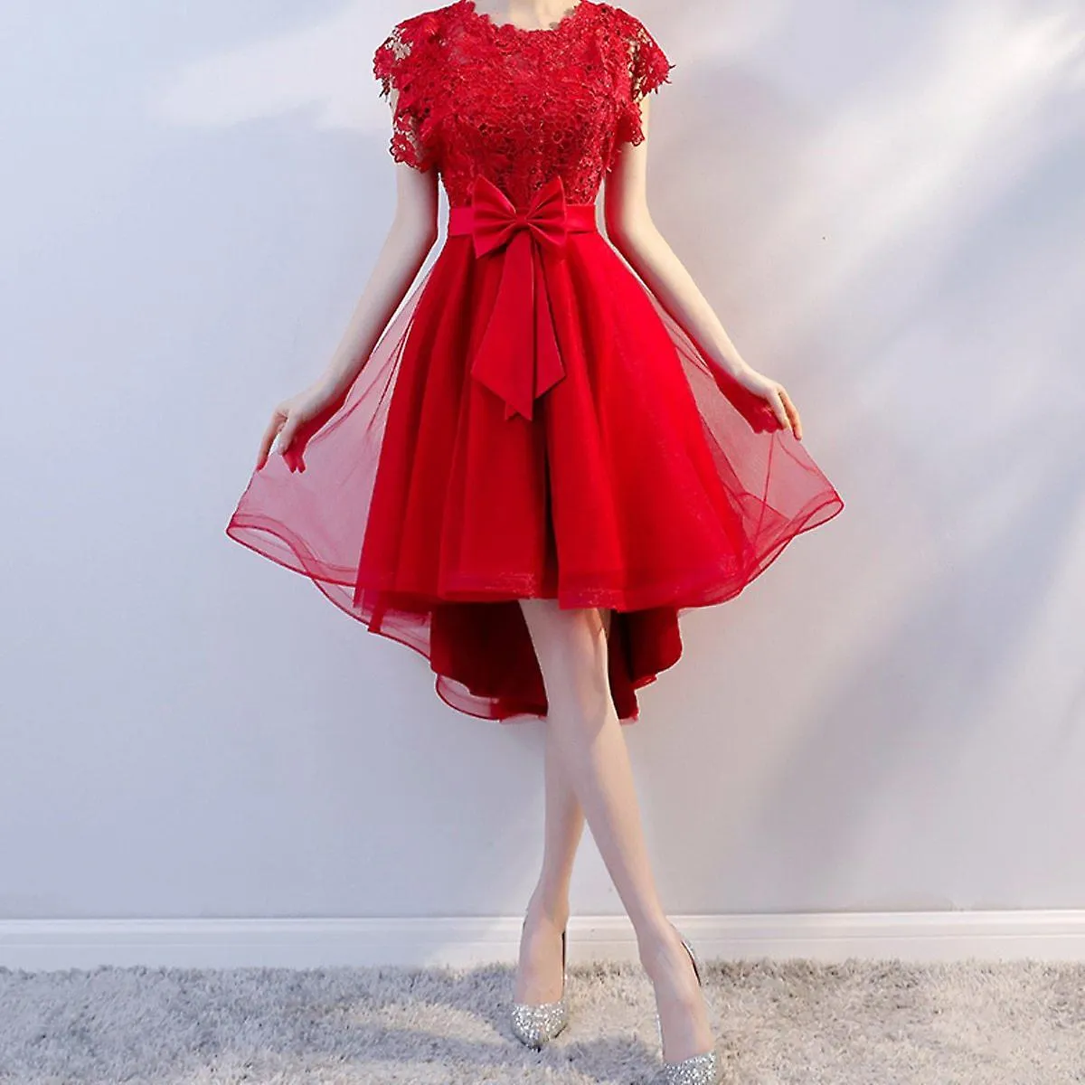 Long Cocktail Lace Short Sleeves Champagne Vestidos de Novia