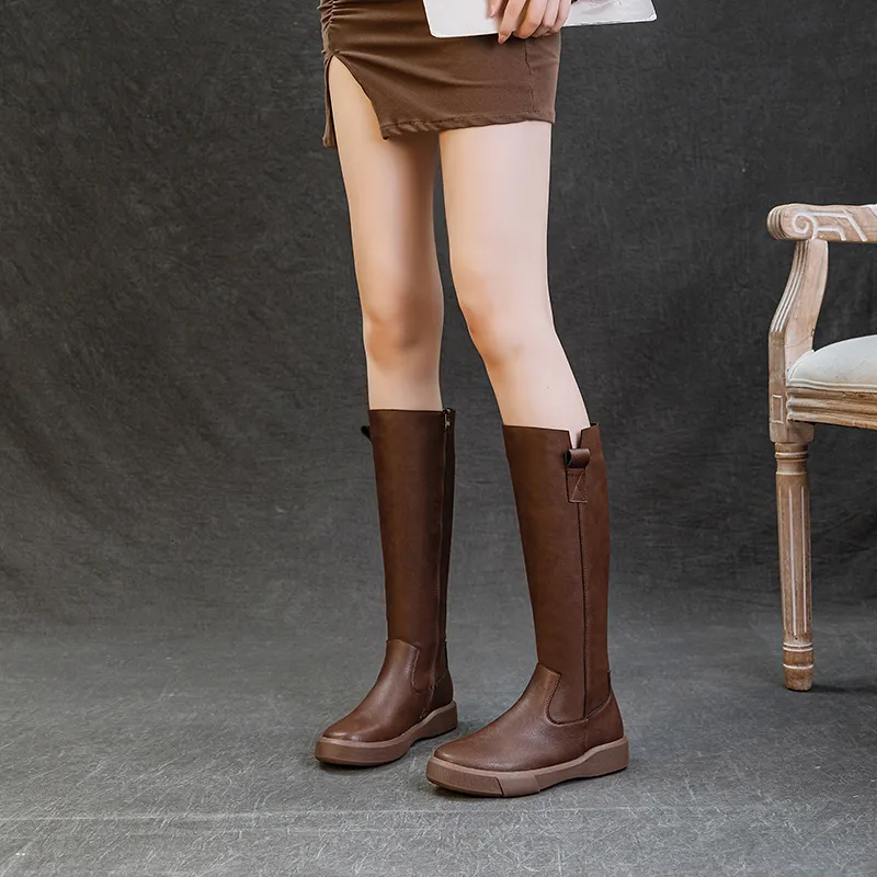 Longitud de la rodilla de mujer de cuero de cuero genuino, solas gruesas de caballero delgado, lujos de otoño e invierno, botas 
