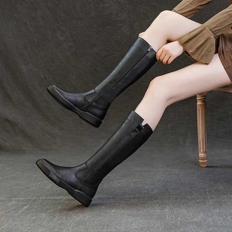 Longitud de la rodilla de mujer de cuero de cuero genuino, solas gruesas de caballero delgado, lujos de otoño e invierno, botas 