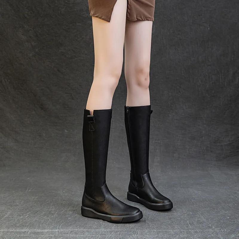 Longitud de la rodilla de mujer de cuero de cuero genuino, solas gruesas de caballero delgado, lujos de otoño e invierno, botas 