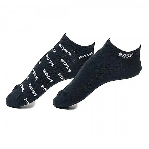 Men's Hugo Boss 2 Pack AS Allover Logo Navy 401 Trainer Socks 50511426