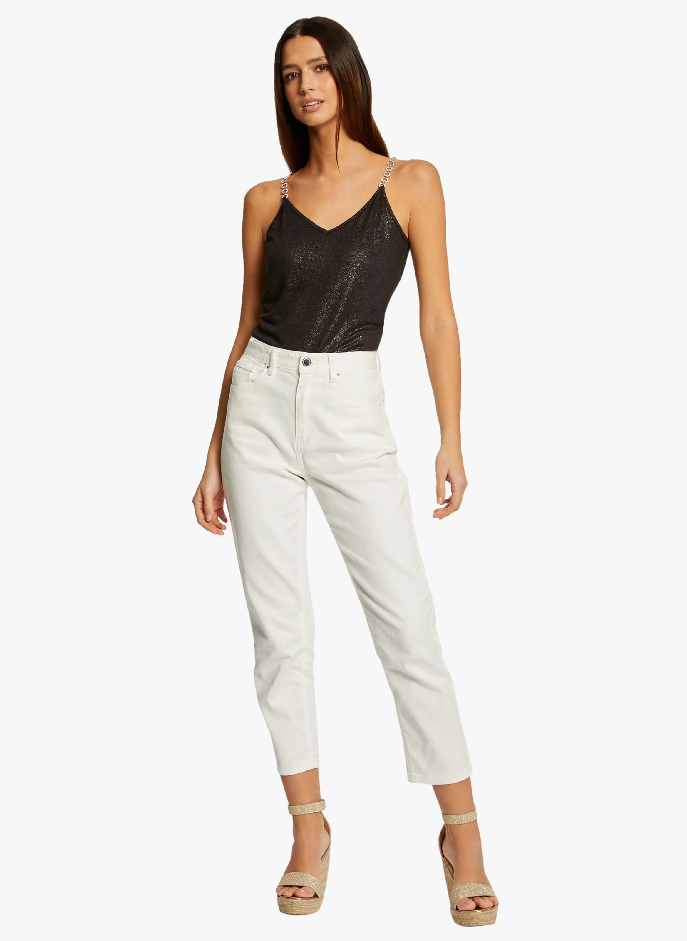 MORGAN BAMBI  TOP DE TIRANTES CON CADENAS Y CUELLO DE PICO EN NEGRO