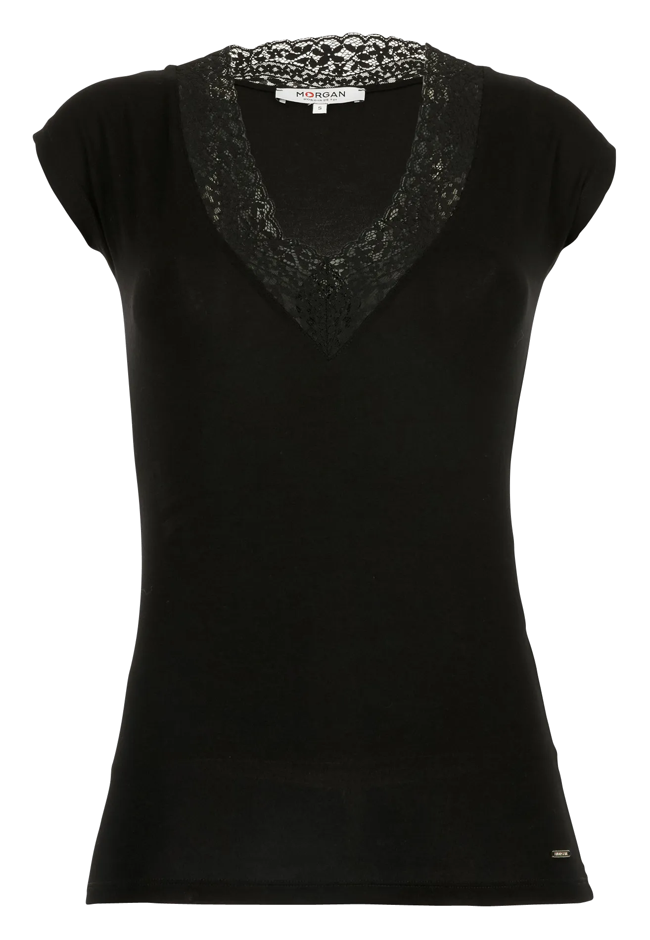 MORGAN Camiseta de encaje con cuello de pico en negro