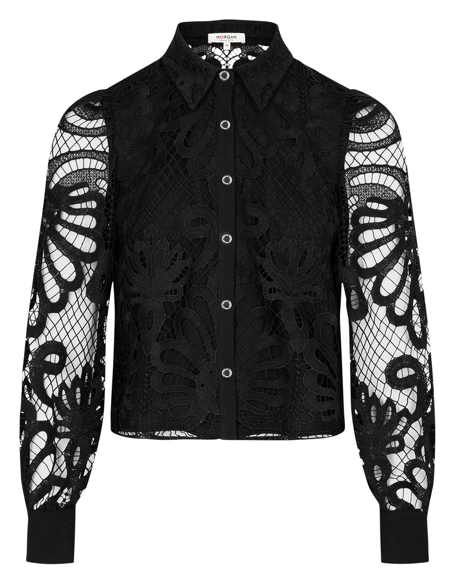 MORGAN COSLAX  TOP CON CUELLO CAMISERO DE ENCAJE EN NEGRO