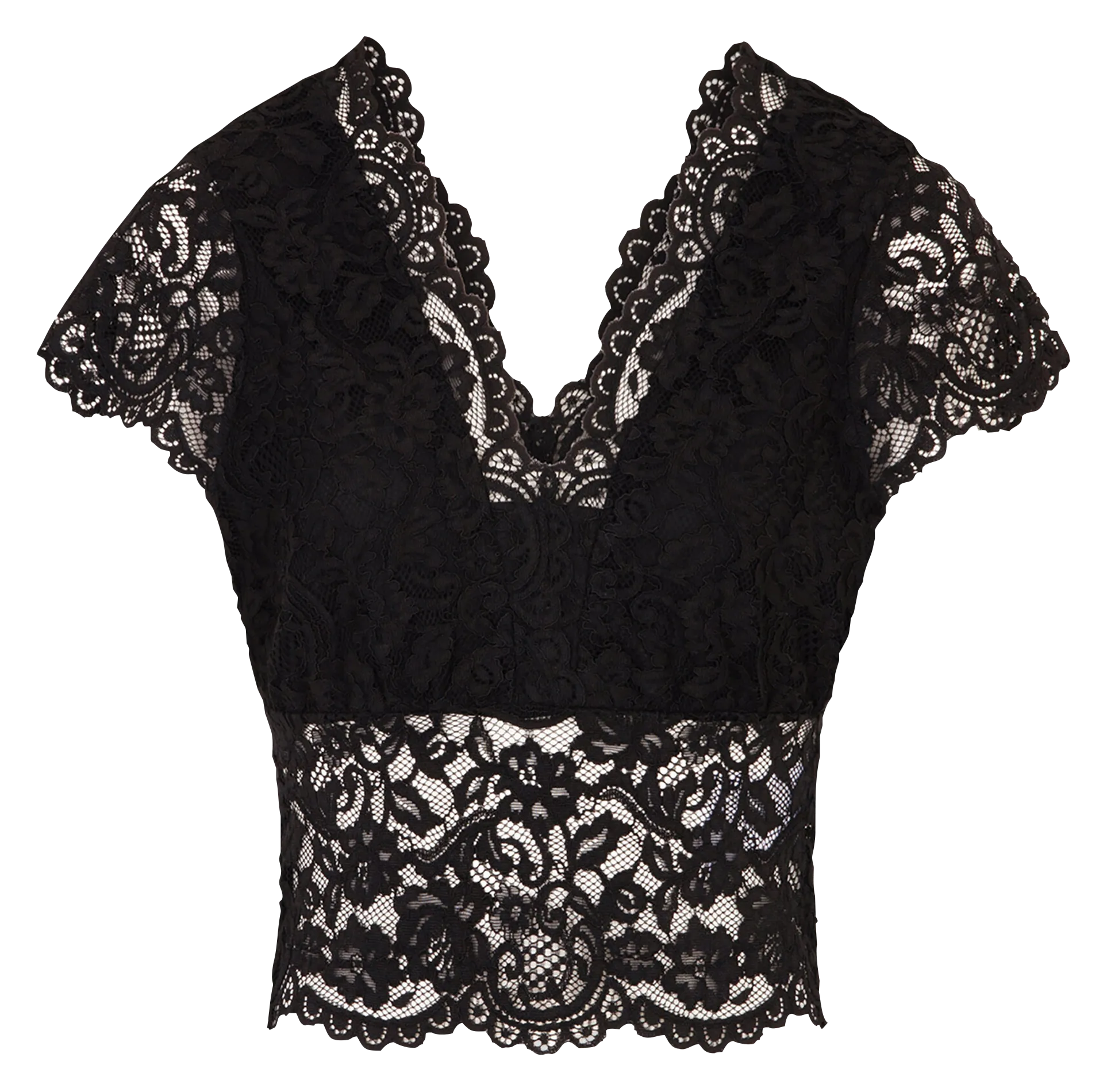 MORGAN DANSA  TOP CON CUELLO DE PICO DE ENCAJE EN NEGRO