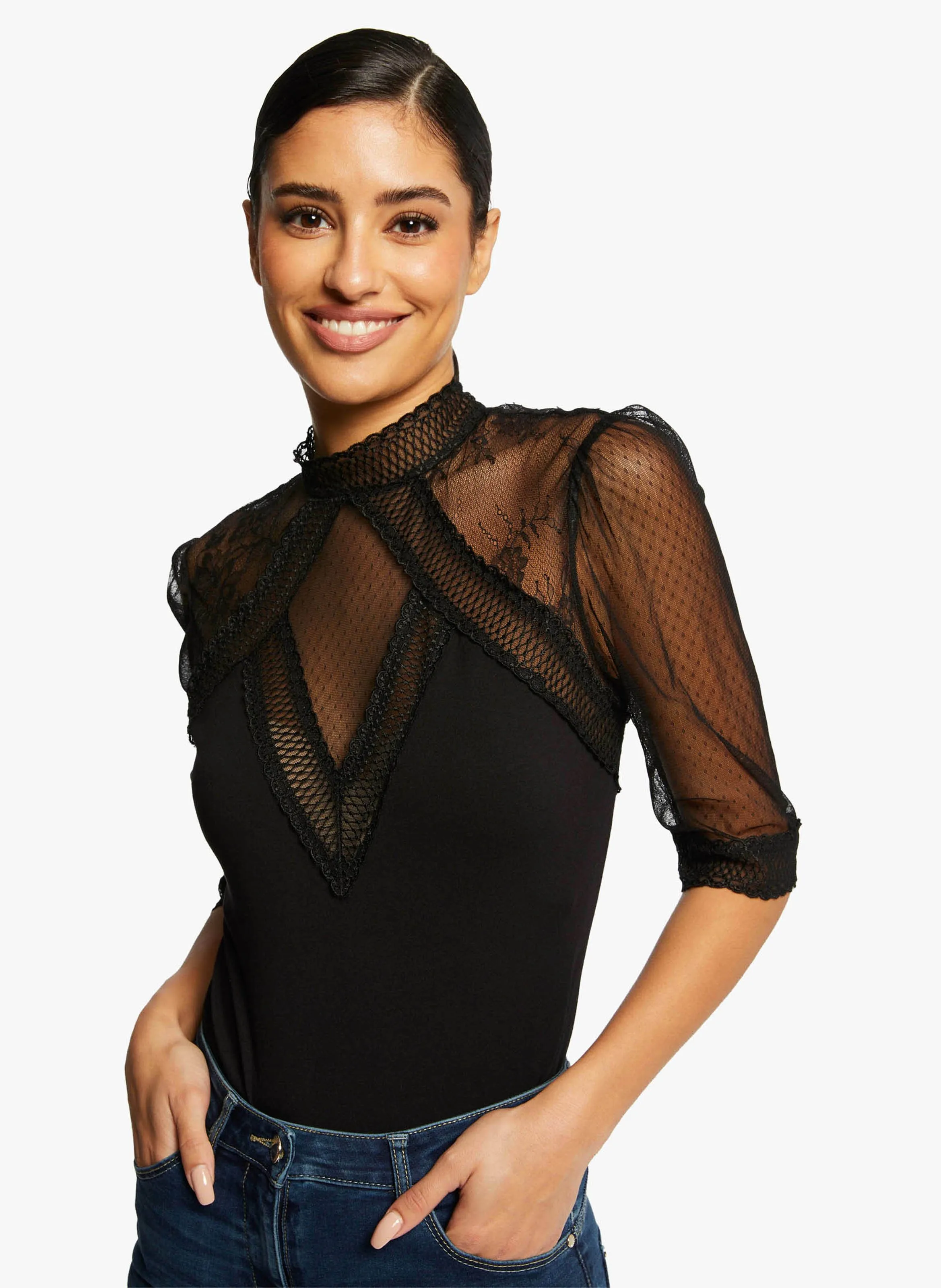 MORGAN DATIL  BODY DE ENCAJE CON CUELLO ALTO EN NEGRO