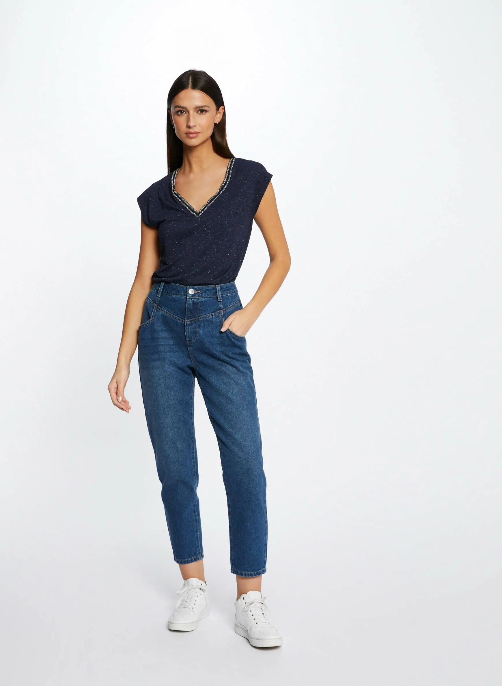 MORGAN DAYA  CAMISETA CON CUELLO DE PICO EN AZUL