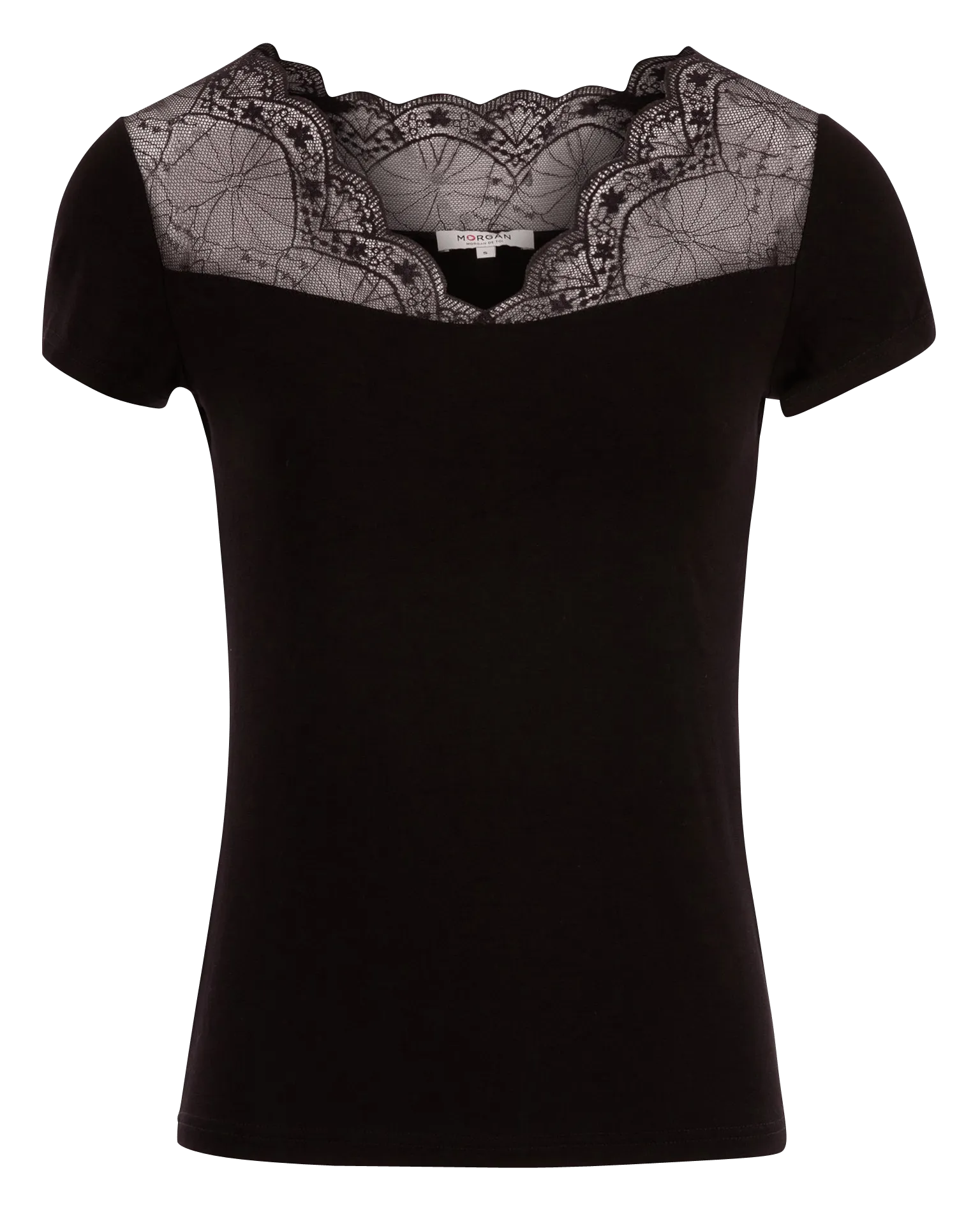 MORGAN DCLARY.N  CAMISETA CON CUELLO DE PICO Y APLIQUE DE ENCAJE EN NEGRO