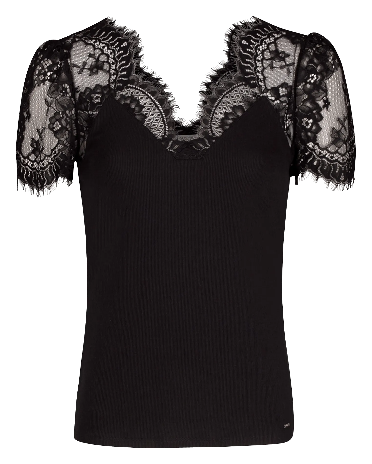 MORGAN DENATA  TOP CON CUELLO DE PICO Y ENCAJE EN NEGRO