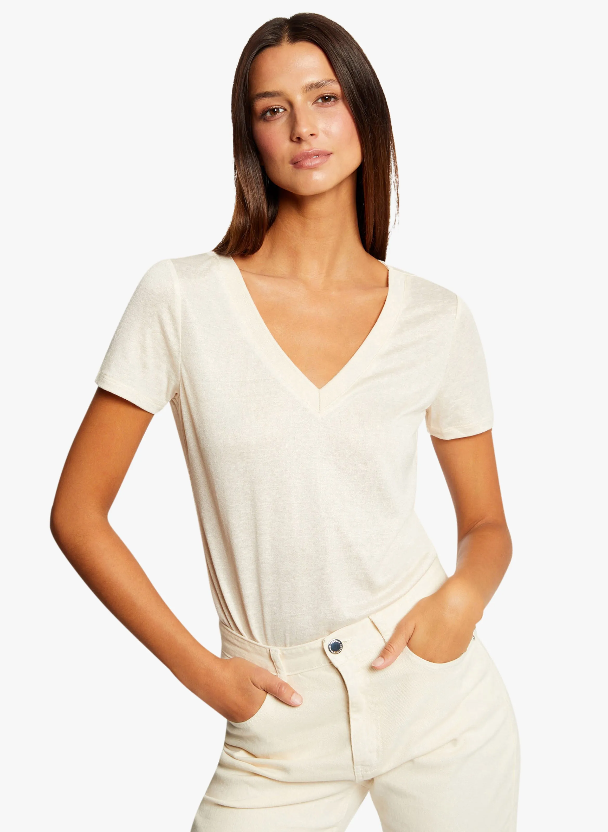 MORGAN DIPI  CAMISETA RECTA CON CUELLO DE PICO EN BEIGE