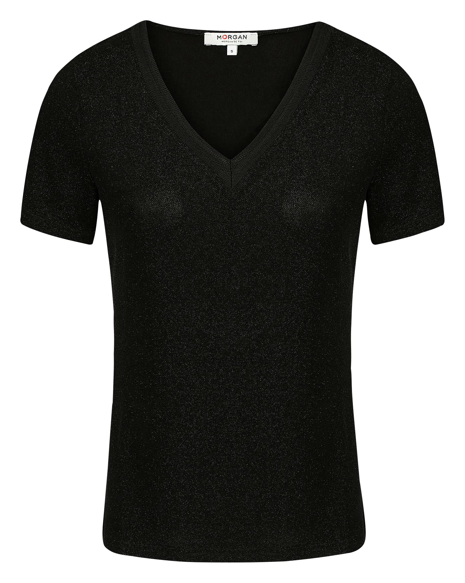 MORGAN DIWI  CAMISETA METALIZADA CON CUELLO DE PICO EN NEGRO